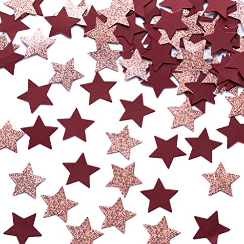 Image of MOWO Rose Gold and Burgundy Star Confetti Table Decoration, 1.2'', 200pc | Engagement Bridal Shower Baby Birthday Wedding Party, 1.2 inch in Diameter, 200pc