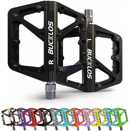 BUCKLOS Mountain Bike Pedals MTB Pedals Flat, Bicycle Road Bike Adult Large Platform Pedal with Non-Slip Grips for Gravel/Ebike/Hybrid Bikes/Beach Cruiser(9/16 Nylon Black)
