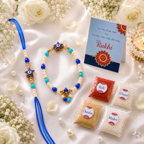 Image of Divayanshi Bhaiya Bhabhi Rakhi Set with Designer Lumba | Handmade Pearl Beads Thread for Brother & Sister-in-Law | Premium Raksha Bandhan Gift with Display Card