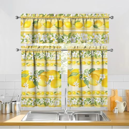 Image of Lemon Kitchen Curtains 3 Piece Set Tier Valance Window Decor | 3 Piece Kitchen Curtain Set Includes 54x18in Valance and Two 27.5x36in Tier Curtains for Kitchen, Bedroom and Living Room
