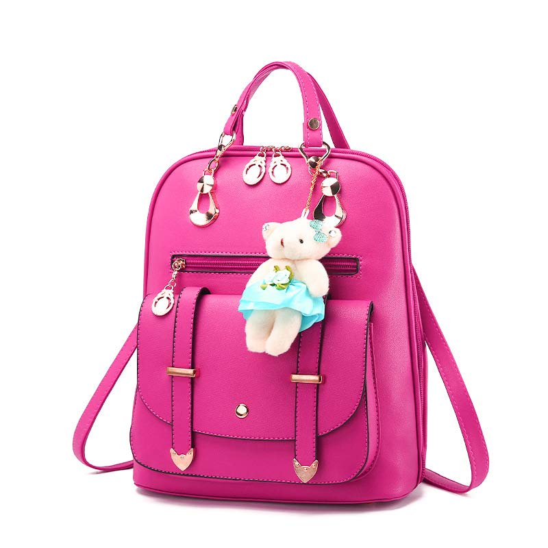 veloce Women's PU Leather Backpack with Teddy Bear Keychain, 33x13x30 cm, Lightweight for School, College & Travel (Pink)-picture-17