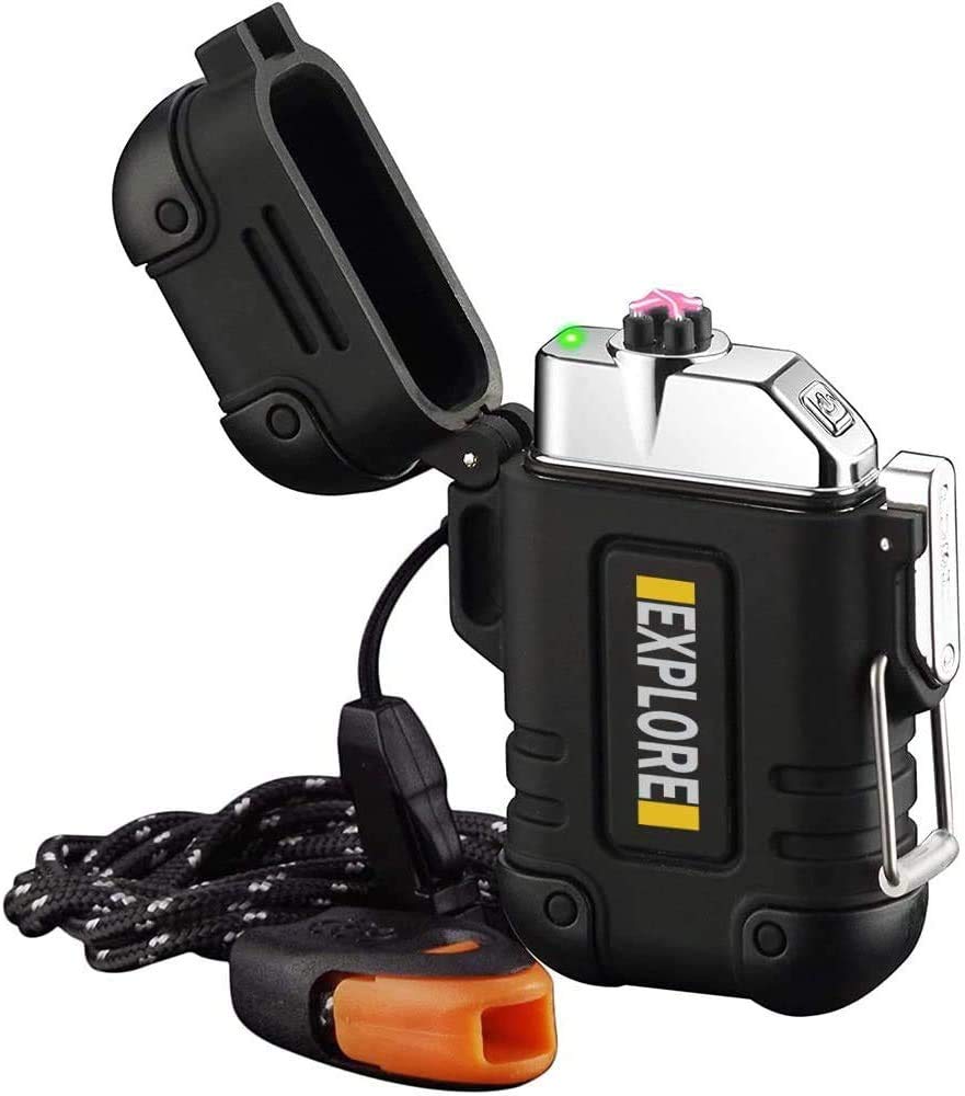 LcFun Plasma Lighter Waterproof Windproof Arc Lighter USB Rechargeable Electric Lighters with Emergency Whistle for Hiking,Outdoor,Adventure,Survival Tactical (Black)