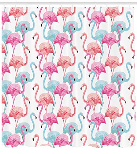 ABAKUHAUS Watercolor Shower Curtain, Flamingos in Many Colors Hand Drawn Bird Exotic Animals Illustration - Image 2