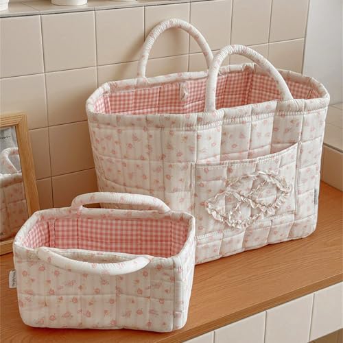 Image of Quilted Fabric Basket Foldable Car Storage Boho Floral Laundry Basket Hamper for Nursery Bedroom & Living Room | Organize Clothes Toys (Beige Floral)