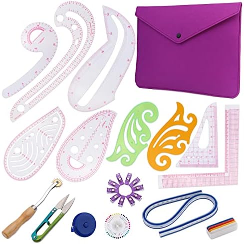 French Curve Ruler for Pattern Making Set,65 PCS Sewing Curve Ruler Kit with Felt Bag, 2 Cloud Ruler,7 Sewing Ruler,Sewing Clips,Tracing Wheel,Curved Ruler and Color Positioning Needle for Sewing