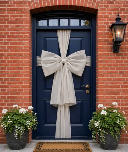 eBoutik - Large Outdoor Front Door Bow Decoration Elegant All Season Porch Door Ribbon Wrap Luxury Entrance Decor for New Home Weddings Birthday Parties (Silver)