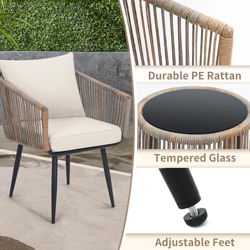 Image of Kromax 3-Piece Patio Rattan Bistro Conversation Set, Beige | Outdoor All-Weather Wicker Furniture Chairs and Side Table Set, Ideal for Balcony, Porch and Backyard
