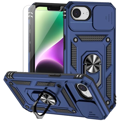 for iPhone 17E / iPhone 16E Case, with Camera Lens Cover HD Screen Protector, Dual Layer Military-Grade Drop Tested Magnetic Ring Holder Kickstand Protective Phone Case for iPhone 16E /17E (Navy Blue) - image 1