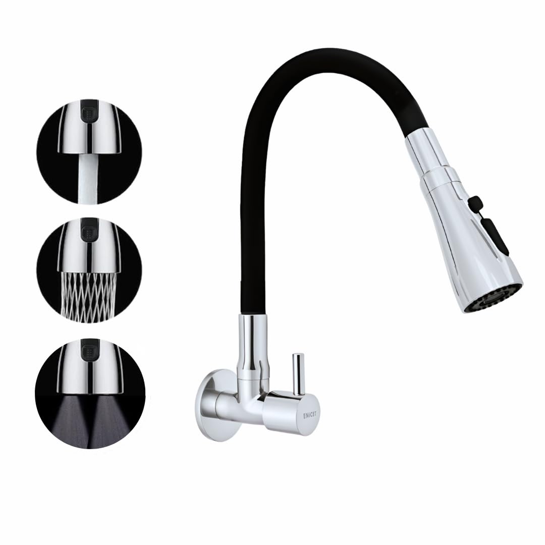 Brass Sink Tap for Kitchen, 3 Flow Modes, Flexible Swivel Spout Black, Wall Mount, Chrome Finish, Kitchen Sink Tap, Wash Basin Tap, 360 Rotating Sink Cock (BFE107TF)-image-17