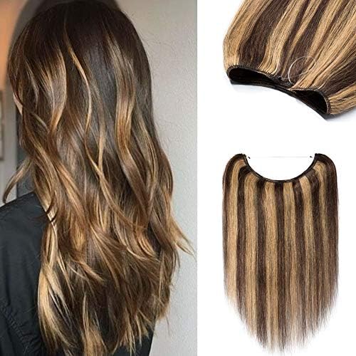 Hidden Invisible Crown Human Hair Extensions One Piece Secret Miracle Wire In Hairpiece With Transparent Fish Line Headband No Clips No Tape For Women #4P27 Medium Brown&Dark Blonde 16'' 60g