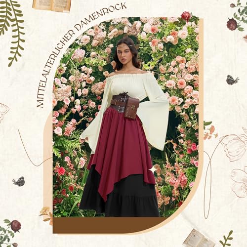 LumenVela Mittelalter Kleidung Damen, Renaissance Kleid Damen und Off Shoulder Bluse mit Corsett, Gürteltasche, Kopfschmuck, Gürtel, Viktorianisches Kostüm für Halloween Karneval (Rot, L)