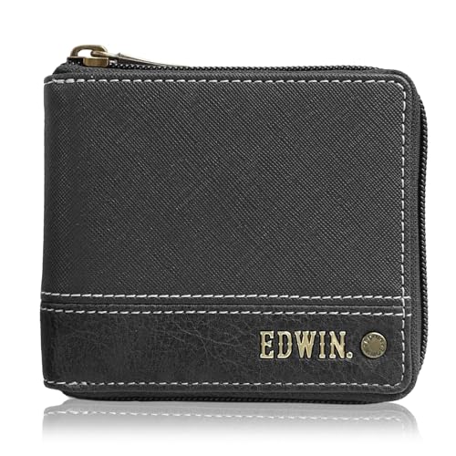 Edwin Men's Bi-Fold Wallet, Synthetic Leather, Round Zip, Coin Storage, Card Storage, Embossing, Stitching, Rivet, Black, F