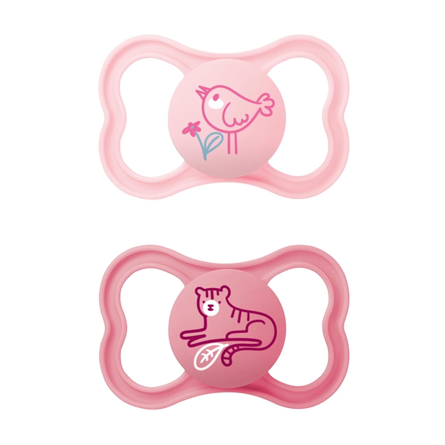 MAM Air Silikon Schnuller im 2er-Set, extra leichtes und luftiges Schilddesign, zahnfreundlicher Baby Schnuller aus speziellem MAM SkinSoft Silikon mit Schnullerbox, 16+ Monate, Vogel/Tiger