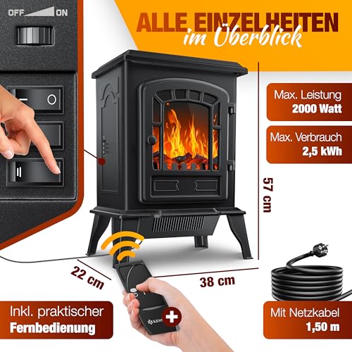 Miniatura 7 de Kesser Estufa Eléctrica Con Ventilador De 2000w Calentador Eléctrico Estufa Led Efecto Llama, Bajo Ruido, Ajustable, Negro
