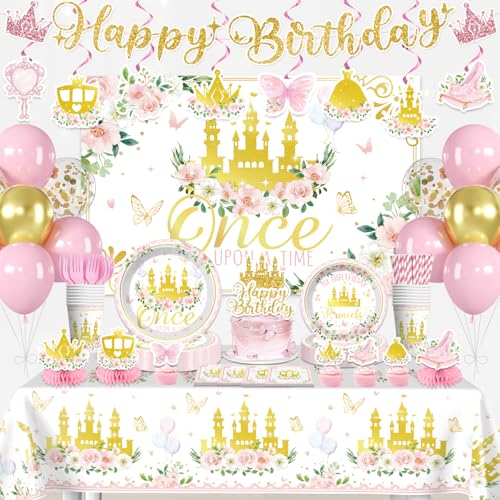 Xynic Once Upon a Time Birthday Decorations for Girls 206PCS Pink Gold Princess 1st Birthday Party Supplies Set All-in-One First Birthday Decor Includes Banner Plates Balloons Tablecloth Serves 25