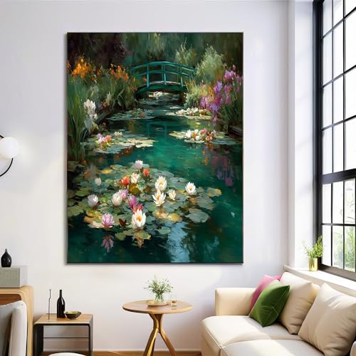Art mural sur toile du Pont de l'Étang aux Nénuphars en 80x120cm sans cadre pour salon