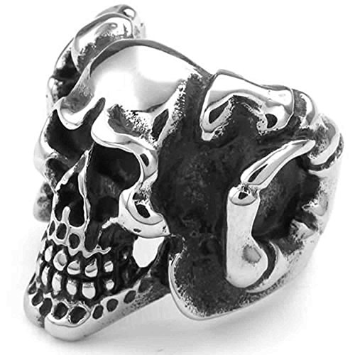Bague biker style gothique pour homme avec anneau crâne diable noir et argent