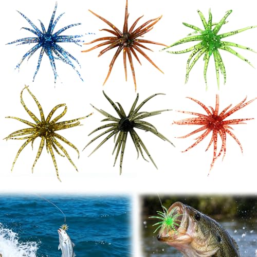 6Pcs Sea Urchin Bait 6 Colors Realistic Fuzzy Dice Fishing Lure Floating TPR Swimbait with Reflective Stars for Bass Fishing Drop Shot Wacky Rig/Neko Rig & Finesse Slow Sinking (2.36)