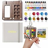 orbixa Mini Watercolor Palette Paint Set Travel Size - 12 Color Paint with 8-Wooden Grid Palette,Mini Sketchbook & Brushes | Portable Artist Supplies Kit for Students, Beginners, Outdoors Use (gray)