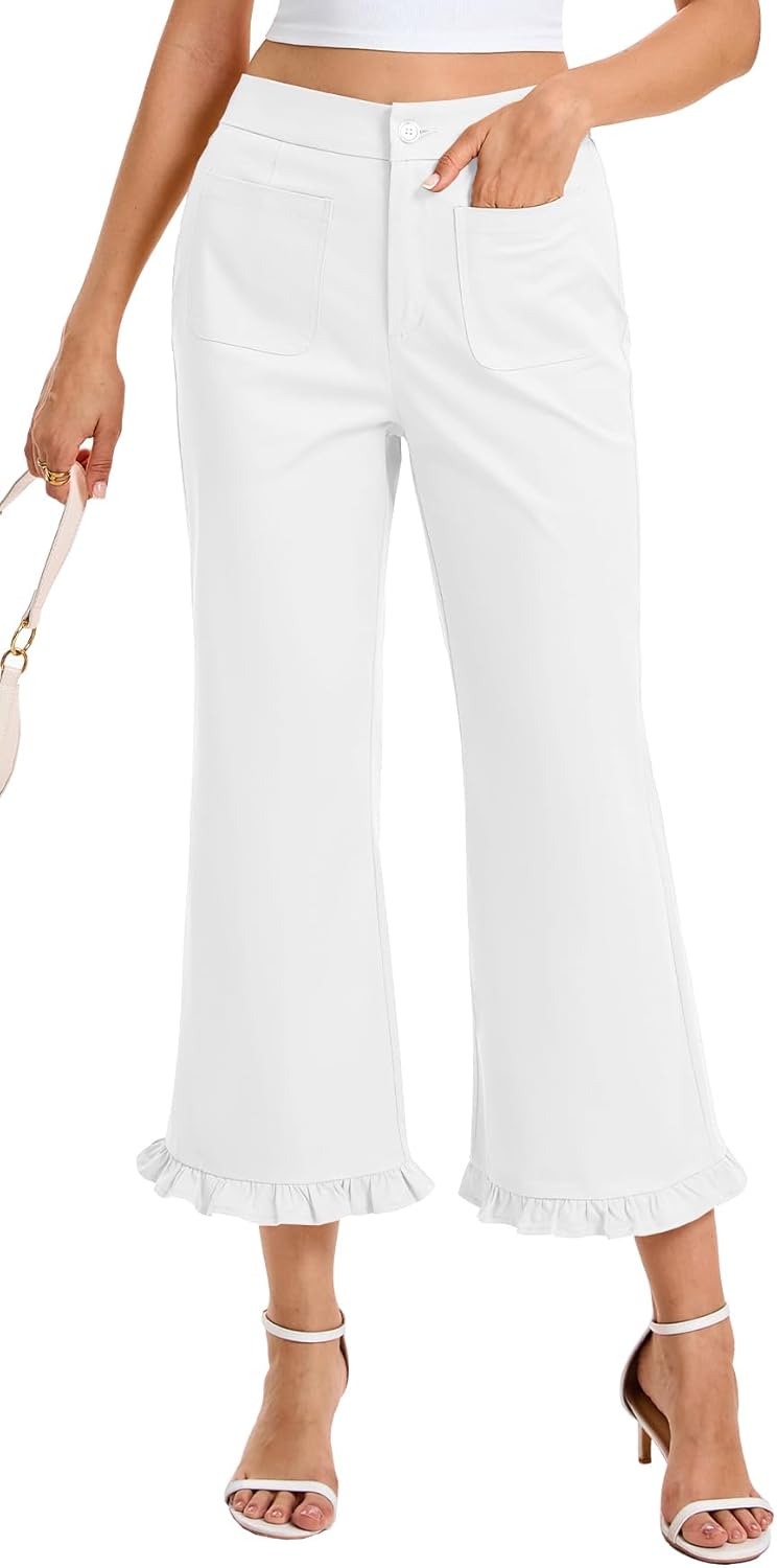 SCOFEEL Womens Ruffle Hem Flare Capris Pants High Waisted Wide Leg Cropped Pants Elastic Waist Trousers with Pockets