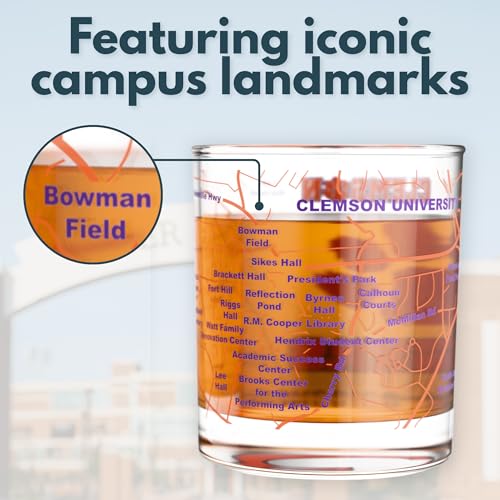 Image of Greenline Goods - University of Clemson Tigers College Whiskey Glasses (Set of 2), 10 oz - Full-Color Logo + Campus Map