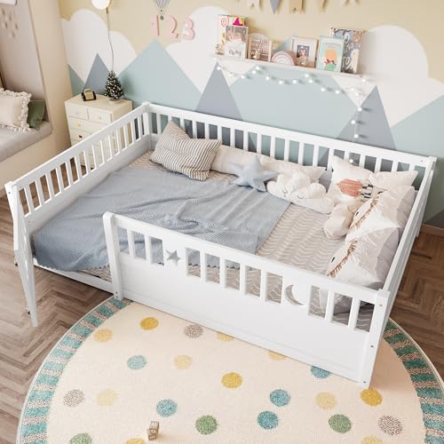 HMHKHN Cama de suelo de 140 x 190 cm, cama de panel, cuna con rejilla, cuna Montessori con marco de puerta libre, protección contra caídas, sin somier ni colchón, estilo minimalista (blanco)