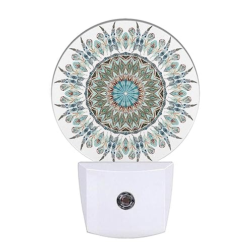 Image of Flower Mandala Night Lights Plug into Wall Turquoise Yellow Blue Floral Paisley LED Dusk to Dawn Plug-in Nightlight Auto Sensor for Bedroom Bathroom Hallway Living Room