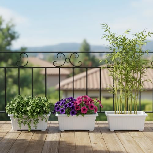Image of Go Hooked Rectangular Plastic Pots for Plants, Jupiter Flower Pots for Home, Window Display, Garden (Set of 3, White) (35 x 18.5 x 15 cm)