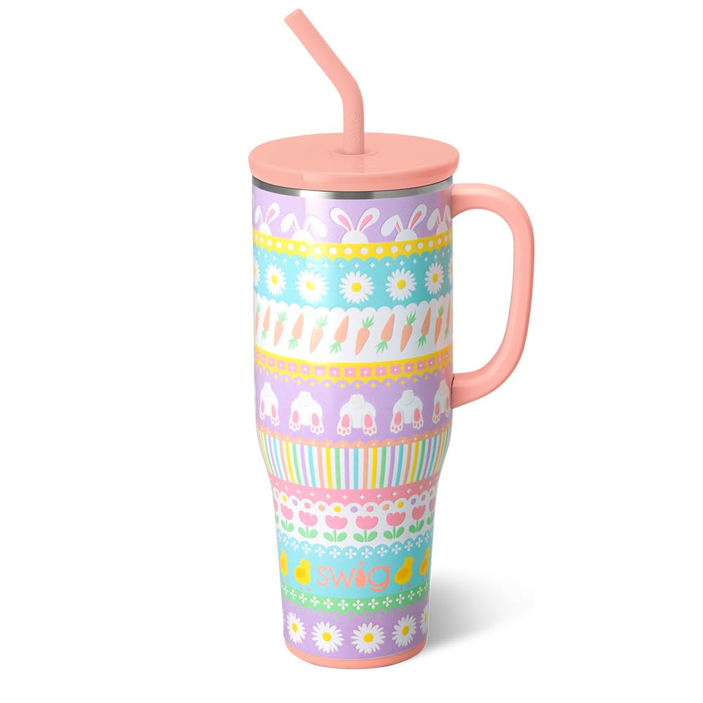 Swig Life 40oz Mega Mug, 40 oz Tumbler with Handle and Straw, Cup Holder Friendly, Dishwasher Safe, Extra Large Insulated Tumbler, Easter Basket Stuffers, Easter Gifts for Women (Bunny Trail)