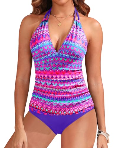 Image of Yonique Womens Two Piece Swimsuits Tummy Control Tankini Plus Size Bathing Suit Halter V Neck Swimwear