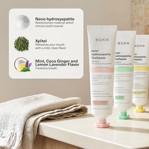 Image of Boka Fluoride Free Toothpaste, Nano Hydroxyapatite Toothpaste, Appropriate for Sensitive Teeth - for Adult Oral Care - Ela Mint, Coco Ginger, Lemon Lavender Flavor, 4 Fl Oz 3Pk