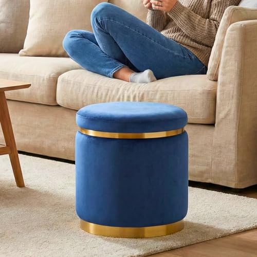 Image of Decorative Ottoman Pouffes for Sitting - Two-Piece Set of Puffy Stools and Footstools - Round Ottoman Stool for Living Room Furniture (Blue)