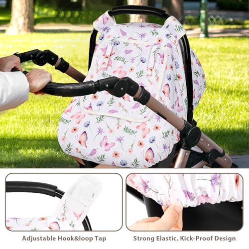 Image of Pea Pod Car Seat Cover Baby, Infant Car Seat Canopy Covers with 2 Layers Windows of Breathable Mesh Fabric, Lightweight Polyester, Soft Minky Dot Backing (Butterfly Pattern)