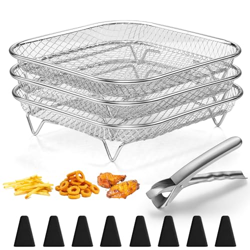 Herogo Heißluftfritteuse Zubehör 3 Lagig Edelstahl Eckig Frittierkorb Gitter für Heißluftfritteuse 19 6 cm Grillrost Airfryer Zubehör mit 8 Silikonfüße & 1 Zange Stapelbare Spülmaschinenfest