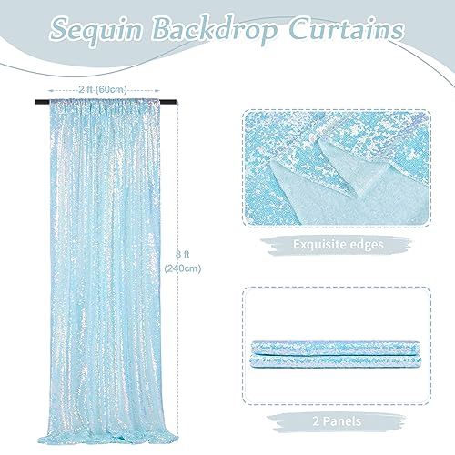 Image of Mermaid Blue Sequin Backdrop 2 Pcs 2ftx8ft Glitter Backdrop Curtains for Mermaid Themed Birthday Party Decorations