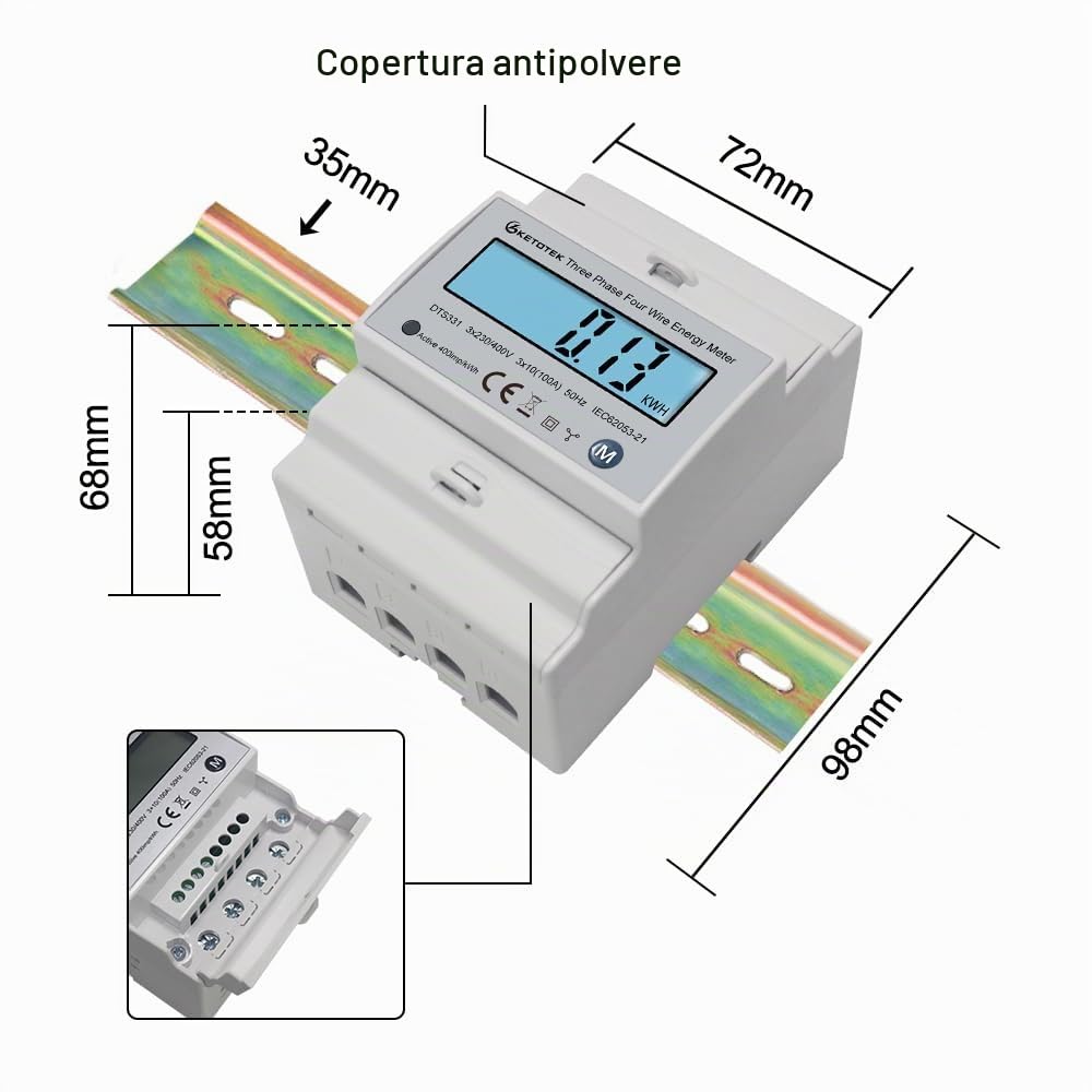 KETOTEK Contatore elettrico trifase AC Amp Volt Potenza Energia Monitor Top Hat Guida DIN Wattmetro bidirezionale Consumo energetico Ingresso Uscita kWh 3x230V/400V 10(100) A 50/60Hz DTS331