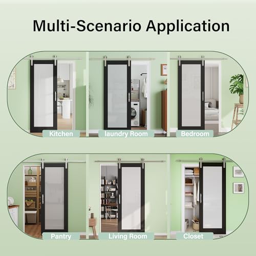 Image of 28 inch x 80 inch 2-Lites Solid Core MDF Panel Barn Door with Trimmable 72 inch Track Kit, Paintable Sliding Barn Doors for Closet Kitchen Bedroom Excellent Sound & Thermal Insulation, Nickel-Plated Hardware Kit