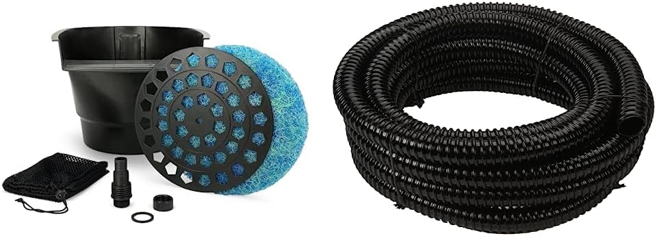 AquascapePond Filter and Waterfall Spillway, Efficient Mechanical and Biological Filtration, Compact | 77020,Black & TotalPond Corrugated Tubing, 1-inch