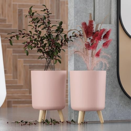 Image of StyleX Store Modern Flower Pot with Plastic Legs | Indoor Outdoor Planter for Home Garden Balcony Decor Ribbed Design Sturdy Plastic Mid-Century Style (Blush Pink Pack of 2)