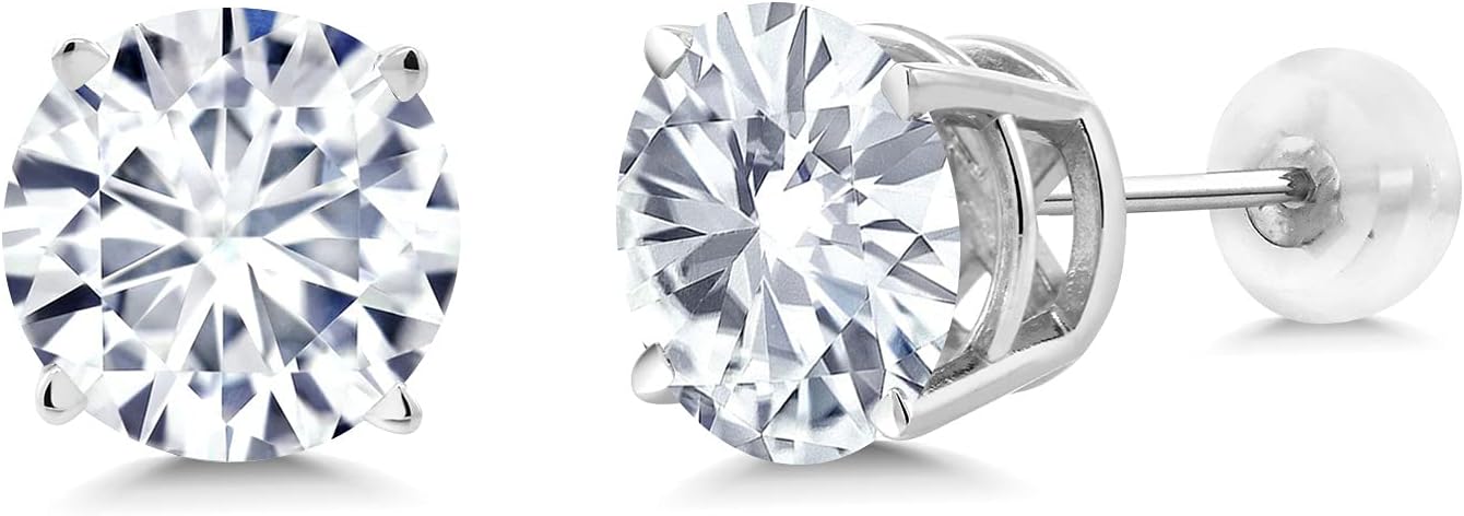 Gem Stone King14K White Gold Stud Forever Classic Moissanite from Charles & Colvard Stud Earrings For Women (3.80 Cttw, Round 8MM)