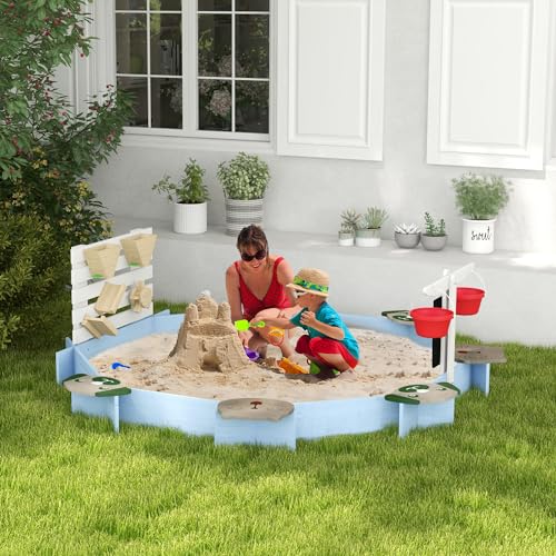 Wooden Sandbox Solid Fir Wood Sand Box for Kids with Animal Patterns Seats, Scale, Plastic Buckets, and Blackboard,85