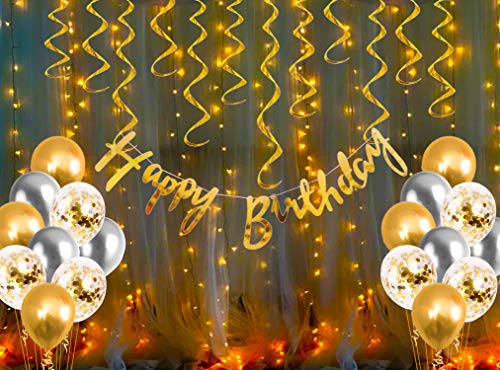 Image of Party Propz Happy Birthday Decoration Kit Combo with Fairy Led Light 29pcs Set Banner, Metallic, Confetti Balloon, Swirls For Boys, Girls, Kids, Wife, Women, 16th, 18th, 21st, 30th Party Supplies