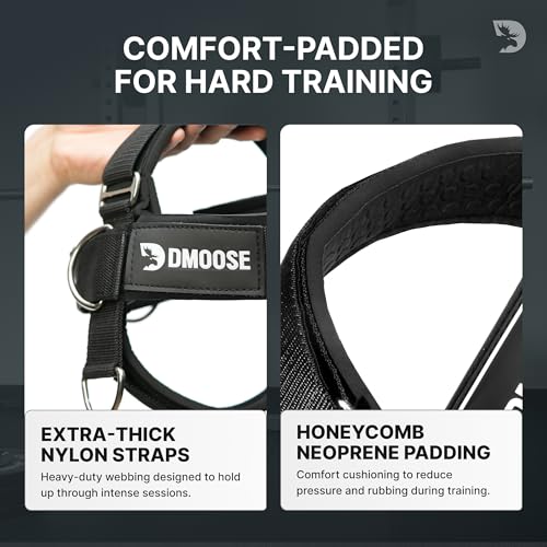 Image of DMoose Fitness Neck Harness Plus for Weight Lifting - Soft Padded Head & Chin Strap with 30 inch Heavy Duty Steel Chain, 2 Bands & Door Anchor - Neck Exerciser & Strengthener to Support Injury Recovery