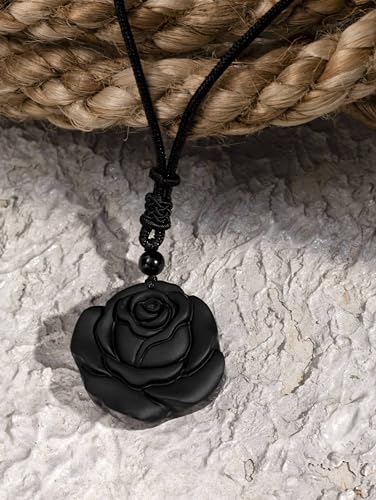 MINACHI Gothic Black Obsidian Rose Floral Pendant Necklace with Braided Cord, Gothic Jewelry Gift for Women3