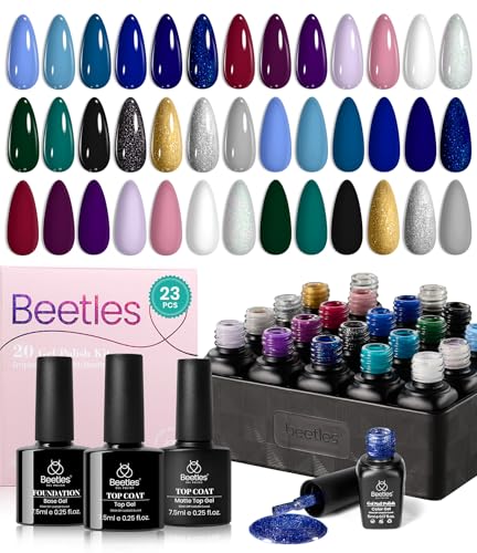 Beetles Winter Gel Nail Polish Set Navy Blue Burgundy Purple Green Black Goloden Pink Gel Polish 20 Colors Celestial Collection Deep Color Nail polish Soak off UV LED DIY Salon Gift for Women