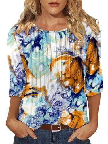 KISSMODA Tunic Tops for Women Loose Fit Dressy Round Neck Pleated 3/4 Length Sleeve Spring Tops