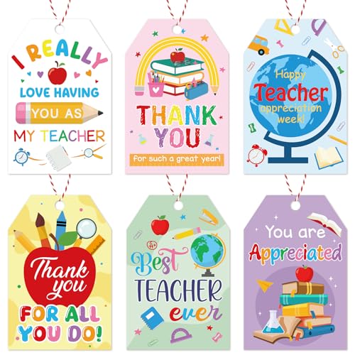 60Pcs Thank You Teacher Tags with String Teachers Appreciation Week Gift Tags Hanging Labels for Wrapping Boxes Bags Packages Decor (Light)