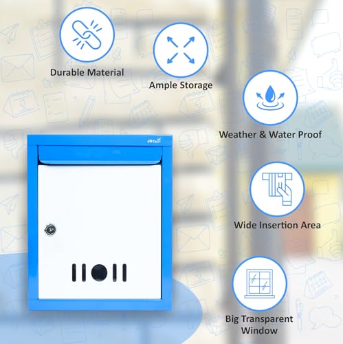 Image of JD FRESH Wall Mount A4 Size Letter Box /Mail Box /Suggestion Box /Complaint Box for Office /Post Box for Home gate with Clear Window View & Secure Key Lock - (Blue)