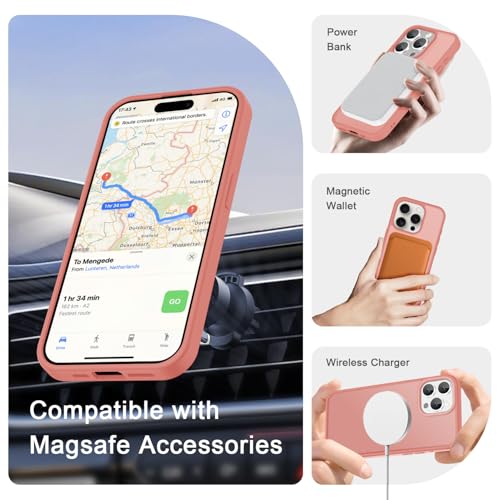 Image of YENAPOON for iPhone 15 Pro Max Case, Matte Magnetic Phone Cover [with 1 Screen Protector] [Support for MagSafe] [Shockproof Military Grade Protection] Translucent Frosted Back, Pink
