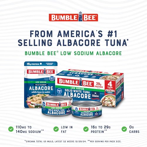 Image of Bumble Bee Low Sodium Chunk White Albacore Tuna in Water, 2.5 oz Pouches (Pack of 12) - Ready to Eat Wild Caught Tuna Packet - 16g Protein per Serving, High in Omega-3s - Non-GMO, Gluten Free, Kosher